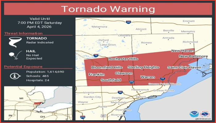 দক্ষিণ-পূর্ব মিশিগানে টর্নেডো সতর্কতা জারি